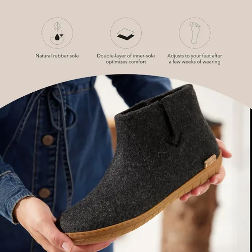 Vista 5 de Glerups Pantufla tipo bota unisex de mezcla de lana 100% de calidad con suela de goma Carbón