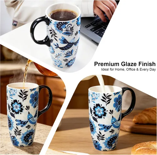 Vista 5 de Topadorn Taza de Café de Cerámica de Viaje con Tapa y Caja de Color, 17oz Termo de Café Apto para Microondas y Lavavajillas, Pájaro Azul