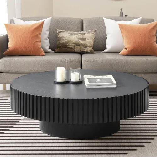 Vista 9 de KEVINSPACE Mesa de centro redonda de 35.43 pulgadas para sala de estar, pedestal de madera redonda, mesa de centro para sala, mesa de centro, Negro