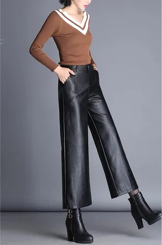 Vista 5 de Lucrosun Pantalones palazzos de piel sintética de cintura alta y pierna ancha para mujer, color negro