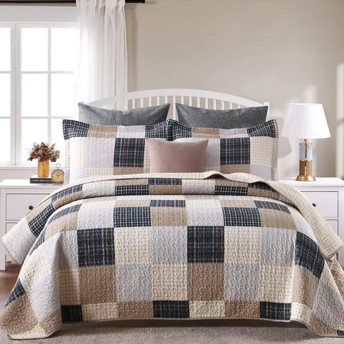 Vista 19 de Y-PLWOMEN Colchas 100% algodón tamaño Queen Farmhouse Plaid 3 piezas ropa de cama Azul y marrón