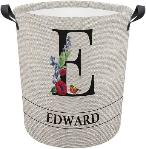 Vista 23 de Cesta de lavandería con inicial floral personalizada, monograma, nombre personalizado, flores y pájaros, cesta de ropa plegable de tela, caja