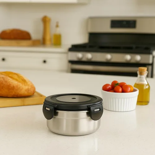 Vista 4 de Paquete de 3 recipientes pequeños de condimentos y inmersión de 4 onzas con tapas a prueba de fugas, tazas de salsa reutilizables de acero