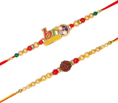 Vista 4 de Rakhi Juego de 2 Rakhi para hermano con tarjeta de felicitación Raksha Bandhan Roli Chawal Tika - Raksha Bandhan Designer Kundan Rakhi para hermano