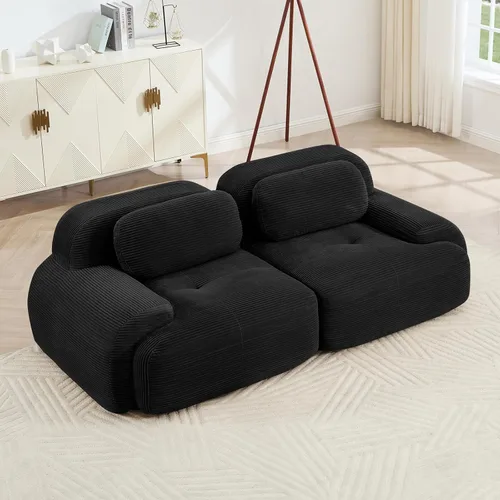 Vista 113 de Sofá moderno comprimido sin armazón de 116", sofás seccionales de 3 plazas para sala de estar, sofá seccional modular de pana verde nube, espuma