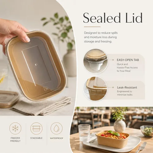 Vista 3 de Kaderron Paquete de 50 tazones de papel grandes de 20 onzas con tapas, contenedor compostable desechable resistente para fiestas, cuencos