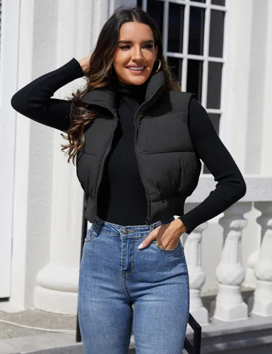 Vista 3 de Dqbeng Chaleco acolchado de moda para mujer, con cremallera completa, sin mangas, con relleno