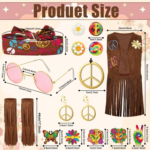Vista 2 de Erweicet 19PCS 60s 70s Outfits Hippie Costume Set Hippie Dress for Girls Hippie Dress with Vest Sign Headband Pins Tattoos
