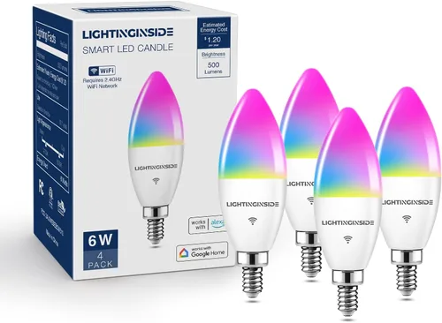 Vista 9 de Lightinginside Bombillas inteligentes E12 equivalente a 60 W, funciona con Alexa/Google Home/Smart Life, 500LM 6W RGBCW Candelabro LED Bulbos de luz