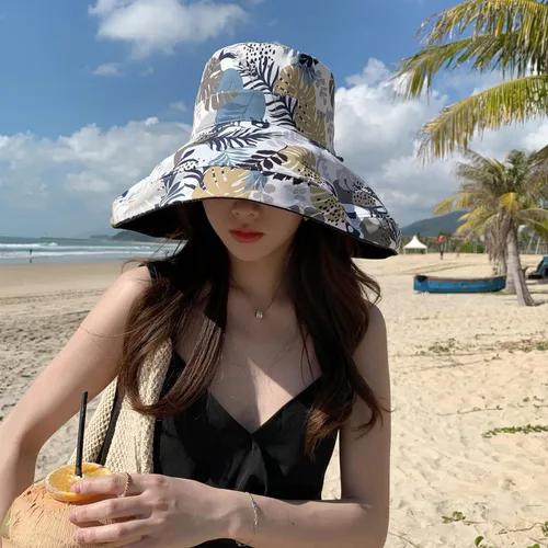 Vista 4 de Sombrero de sol de ala súper ancha para mujer, de algodón, plegable, reversible, con borde con cable, protección UV, verano, playa, viajes, jardín