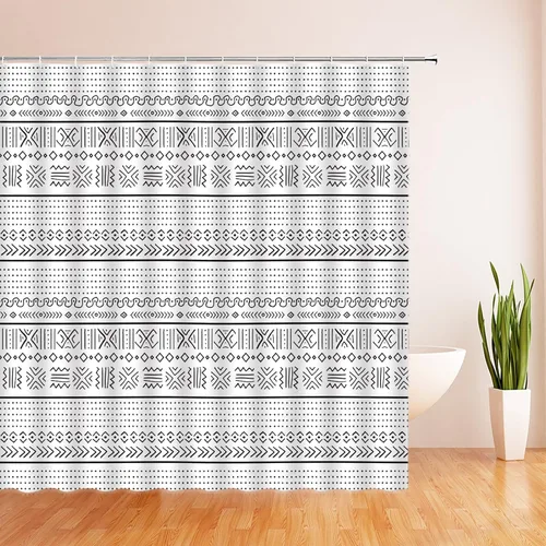 Vista 3 de Cortina de ducha geométrica bohemia negra y blanca, moderna, estilo tribal, retro, azteca occidental, abstracta, de mediados de siglo, tela de arte
