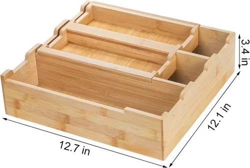 Vista 2 de Organizador de Cajones de Cocina de Bambú Okllen, Organizador de Utensilios Apilable de 2 Niveles, Organizador de Cubiertos para Almacenamiento