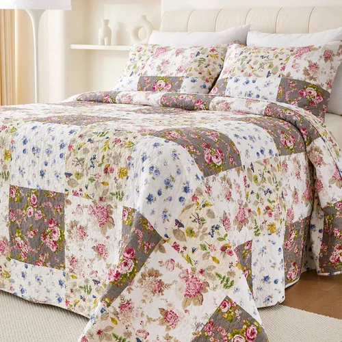 Vista 5 de EVENHUG Juego de Edredón de Retazos de 100% Algodón Tamaño Queen Ligero Floral Edredones Queen Juego de Ropa de Cama Colcha Cubrecama Cubierta