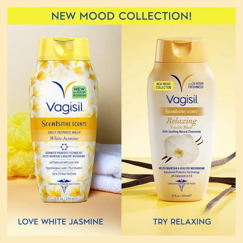 Vista 2 de Vagisil Lavado Femenino para Higiene del Área Íntima, Aromas Scentsitive, pH Equilibrado y Probado por Ginecólogos, Jazmín Blanco, 12 oz