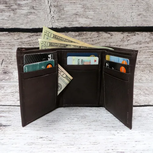 Vista 7 de Brown Genuine Leather Tri Fold Personalized Mens Wallet Black (777)