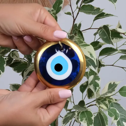 Vista 5 de BCS Adorno para colgar en la pared de 2.8 pulgadas de color azul y dorado, hecho a mano, amuleto turco griego de Nazar, amuleto de buena suerte