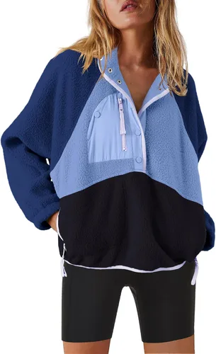 Vista 8 de Nirovien - Chaqueta de forro polar con capucha para mujer, manga larga, sherpa, sudadera mullida, abrigada, con botones y bolsillos Un rosa