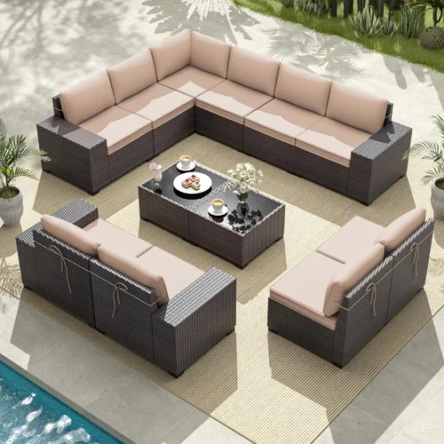 Vista 14 de Gotland Juego de muebles de patio de 6 piezas con 1 mesa auxiliar, 5 plazas de ratán seccional para exteriores con reposabrazos anchos de 29.5 Gris