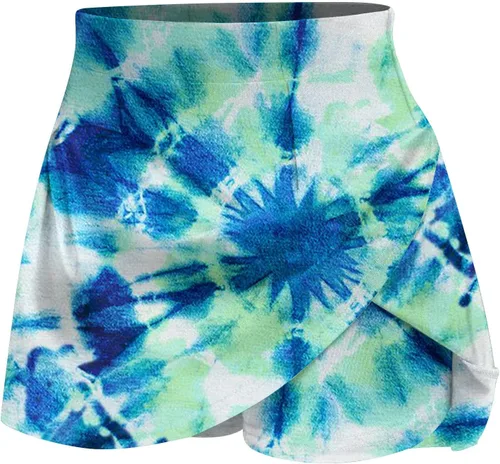 Vista 3 de DASAYO Faldas de tenis con cintura elástica y teñido anudado para mujer, pantalones cortos deportivos de voleibol, entrenamiento 2 en 1, pantalones