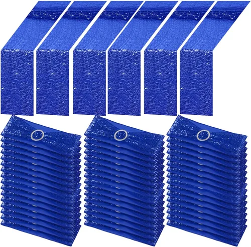Vista 17 de Newwiee 54 cintas de lentejuelas negras para sillas y caminos de mesa, 48 lazos de lentejuelas para silla, 6 caminos de mesa con purpurina