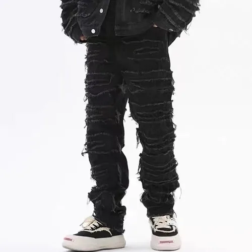 Vista 3 de XYGJZ Pantalones de mezclilla rasgados para hombre, pantalones de mezclilla de pierna recta destruidos sólidos desgastados