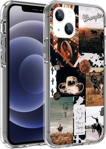Vista 14 de Compatible con iPhone 15, diseño de vaquero occidental, collage de vaquera, rancho rancho, retro, vintage, funda transparente de TPU suave a prueba