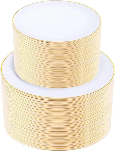 Vista 13 de KIRE 60 platos de plástico negro, platos desechables negros con borde dorado para fiesta de Halloween/graduación, incluye 30 unidades de 10.25