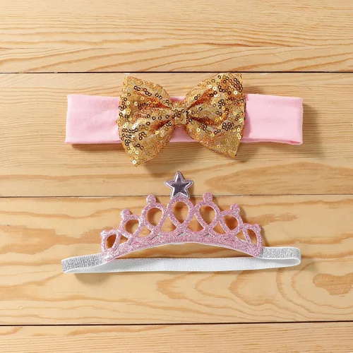Vista 3 de Conjunto de mameluco de algodón para el primer cumpleaños para niñas con lentejuelas y lazo para la cabeza, 3 piezas