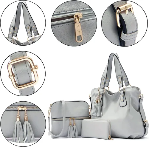 Vista 7 de Qiyuer - Juego de bolsos y carteras para mujer: bolso grande tipo bandolera, bolso tipo hobo y cartera, 3 piezas A01-3pcs/Set Gris