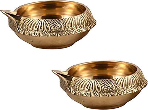 Vista 3 de Hashcart Lámpara de aceite de latón puja hindú, hecha a mano, con diseño grabado - 2,5 pulgadas