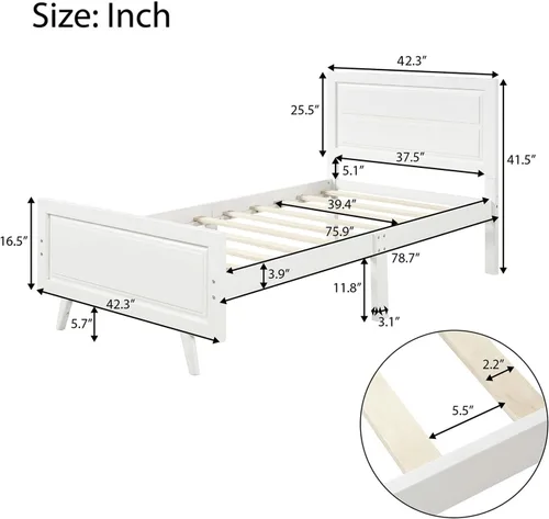 Vista 2 de Base de cama individual de madera con cabecero/estribo, marco de cámara de plataforma moderna, base de colchón de soporte de listones de madera