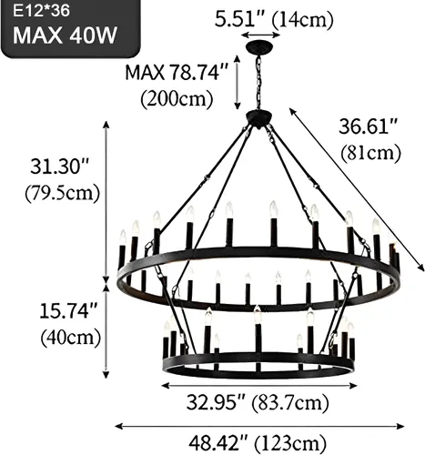 Vista 6 de Lámpara de araña de rueda grande de 122 cm de color negro, lámpara de araña de granja industrial de estilo rústico, de 2 niveles, con 36 luces
