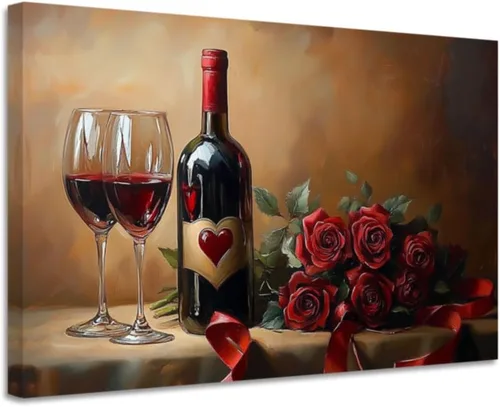 Vista 7 de YMXZHUANSH Arte de pared de vino, rosas, lienzo de cocina, cuadros de pizza y uva, impresiones de decoración de cocina para restaurante bar, 12 x 18