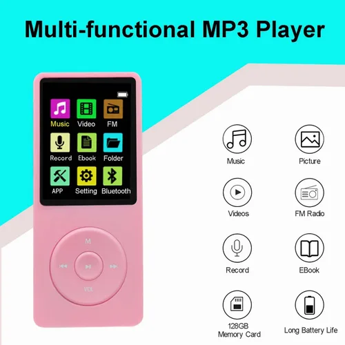Vista 2 de Reproductor MP3 de 128 GB con Bluetooth 5.2, reproductor de música portátil rosa para niños con altavoz HD integrado, radio FM, grabadora de voz
