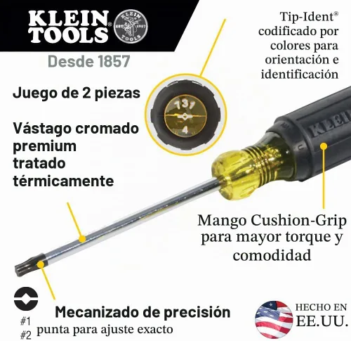 Vista 2 de Klein Tools 32378 Juego de destornilladores de punta combinada, fabricado en Estados Unidos, con puntas de combinación #1 y #2 y asas de agarre
