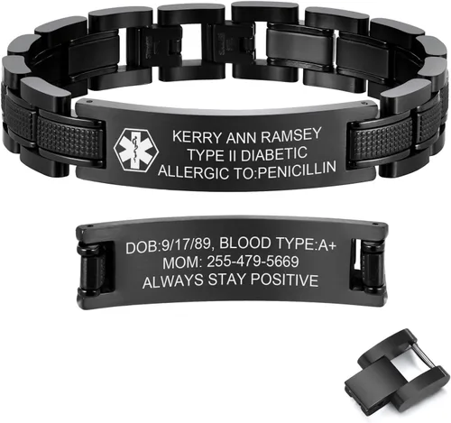 Vista 9 de Free Custom Engraving Medical ID Bracelet 2-tone Blue Black Titanium Steel Heavy Masculine Elaborate Men's Medical Alert Bracelet Wristband Jewelry