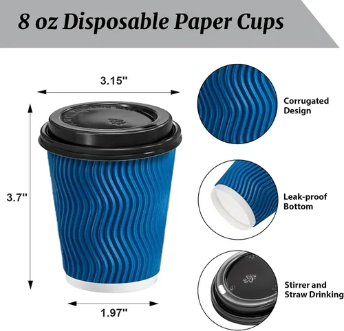 Vista 2 de Clawsoff Paquete de 100 tazas de café con tapas, de 8 onzas, desechables, aisladas, onduladas, para bebidas frías/calientes, oficina, hogar, tienda