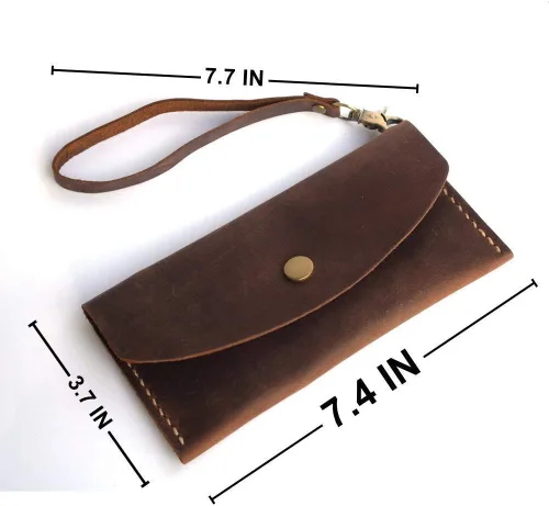 Vista 3 de Handmade Leather Wristlet Wallet with Card Slots Retro Multi-function Envelope Mobile Phone Card Holder Clutch Wallet with Hand Wrist Lanyard