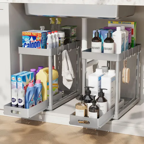 Vista 8 de Paquete de 2 organizadores de almacenamiento extraíbles, organizador para debajo del fregadero y almacenamiento para baño y cocina, organizadores
