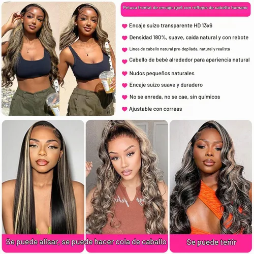 Vista 4 de Pelucas de Encaje Frontal Highlight Body Wave de Cabello Humano 1B/27 Sin Pegamento Densidad 180% 13x6 Peluca Sin Pegamento de Encaje Frontal Peluca