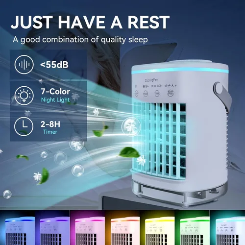 Vista 5 de Aire acondicionado portátil, enfriador de aire evaporativo personal con 4 velocidades de viento y luz LED, relleno superior de 23.7 fl oz, mini aire