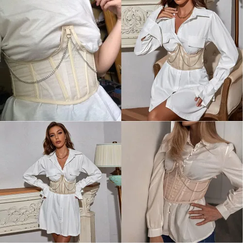 Vista 3 de JUMISEE Corsé de malla transparente para mujer, con cordones, cadena de metal, con huesos, cinturón ancho