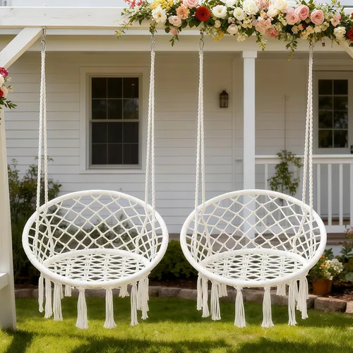 Vista 7 de Garpans Hamaca de macramé, estilo bohemio, hamaca con borlas, columpio colgante hecha a mano, cuerda de algodón tejida a mano para interiores y Beige