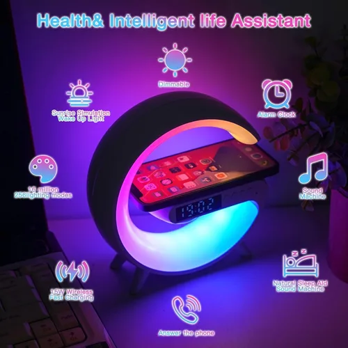 Vista 4 de LeeNabao Nuevo cargador de altavoz inalámbrico, luz de ambiente con función de carga inalámbrica, lámpara de mesa, lámpara de noche con reloj