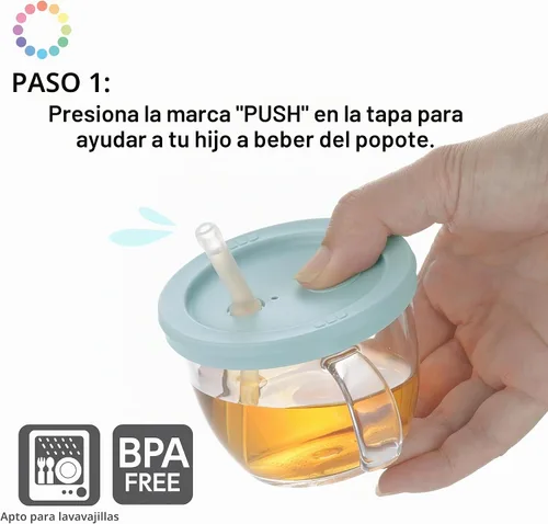 Vista 6 de Push Flow - Vaso para sorber de entrenamiento con popote de silicona y asas, 5 onzas, para bebé de 6 meses + azul claro