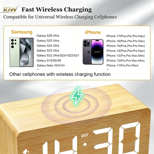 Vista 4 de URAYCO Reloj despertador digital de madera con cargador inalámbrico rápido de 10W, puertos de carga USB, DST, atenuable, modo repetición, pantalla