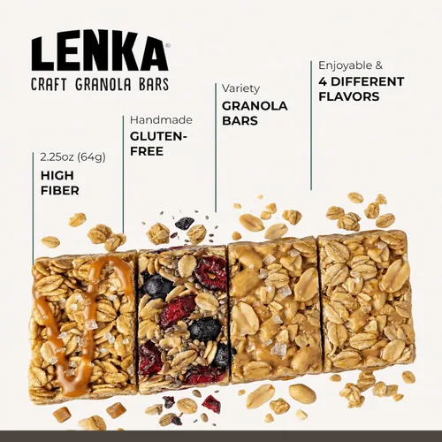 Vista 4 de Lenka Discovery - Paquete de 12 bocadillos de granola con alto contenido de fibra, caramelo salado, bayas omega, vainilla expreso, mantequilla