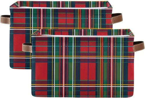 Vista 2 de Bolaz Cesta de almacenamiento cuadrada con patrón de rayas de tartán rojo y verde, 1 unidad