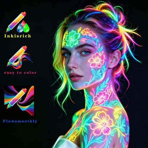 Vista 4 de 12 piezas de pintura corporal que brilla en la oscuridad, kit de maquillaje con luz negra UV para adultos, pinturas fluorescentes no tóxicas