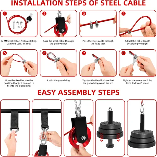 Vista 6 de LFJ Sistema de Poleas con Cable LAT para Jalones y Levantamiento de Peso, Accesorio de Polea de Máquina con Cable para Jalones de Tríceps, Curl